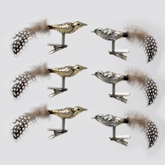 6 ass. glasfugle med clip, sølv og gylden med fjer