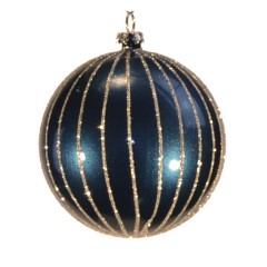 8 cm julekugle, perlemor dark blue m/lodrette striber af champagne glitter