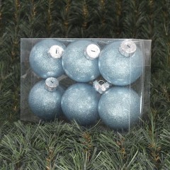 8 cm julekugler, blank med indvendig lyseblå glitter, 6 stk i boks