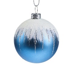 6 cm julekugle, mat, gentle blue m/sne, hvid og sølv glitter