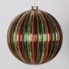 20 cm julekugle, stribet mercury, guld, rød, grøn med guld glitter