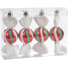 11,5 cm rundt slik, blank rød m/hvidt og grønt glitter, 4 stk i boks