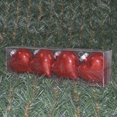 10 cm hjerter, blank med indvendig rødt glitter, 4 stk i boks