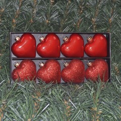 6 cm hjerter, rød perlemor og glitter, 8 stk i sort æske med klart låg