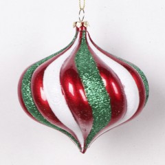 10 cm julekugle, onion, perlemor rød med hvidt og grønt glitter
