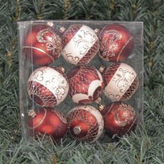 6 cm julekugler, boks med 9 stk, mat rød med dekoration