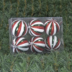 8 cm julekugler med striber, blank grøn med rødt og hvidt glitter, 6 stk i boks