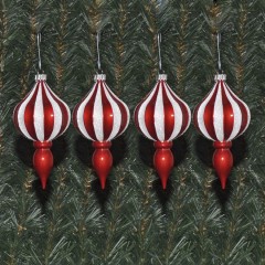 11,5 cm finial julekugler, Ø 6 cm, perlemor rød med hvidt glitter, 4 stk i boks