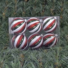 6 cm julekugler, perlemor grøn med striber af rødt og hvidt glitter, 6 stk i boks