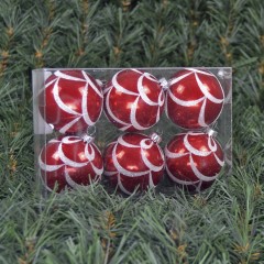 6 cm julekugler, perlemor rød med guirlander af hvidt glitter, 6 stk i boks