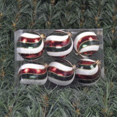 6 cm julekugler, perlemor rød og grøn med hvidt og guld glitter, 6 stk i boks
