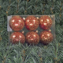 6 cm julekugler, perlemor rød med deko af guld glitter, 6 stk i boks