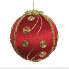 15 cm julekugle, rød velour med gulddekoration