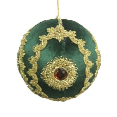 15 cm julekugle, grøn velour med gulddekoration og simili