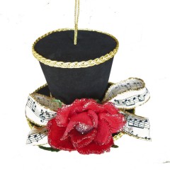 Tophat ornament, 11,5 cm, sort velour med rose og nodebånd