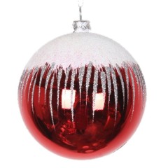 8 cm julekugle, blank, rød m/sne, hvid og sølv glitter